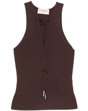 Iceberg Lace-Up Ribbed-Knit Tank Top - Brown