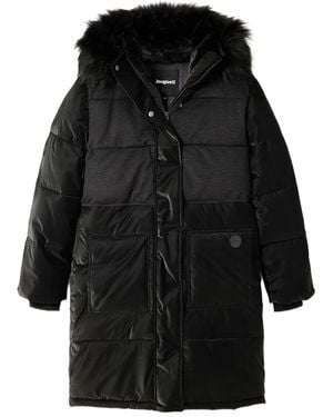 Desigual Faux-Fur-Trimmed Quilted Coat - Black