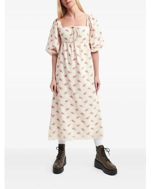 Notes Du Nord Puff-Sleeve Floral-Print Midi Dress - Natural