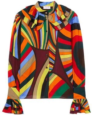 PUCCI Abstract Print Ruffled Cotton Blouse - Orange