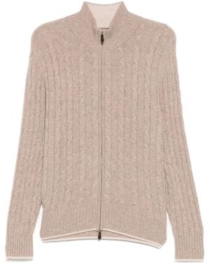N.Peal Cashmere Contrast Cable Full Zip Sweater - Pink