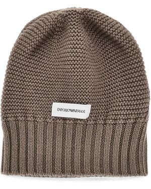 Emporio Armani Logo-Patch Chunky-Knit Beanie Hat - Brown