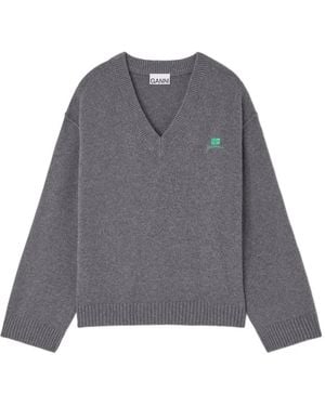 Ganni V-Neck Logo Jumper - Grey