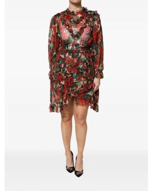 Dolce & Gabbana Ruffled Floral-Print Asymmetric Dress - Red