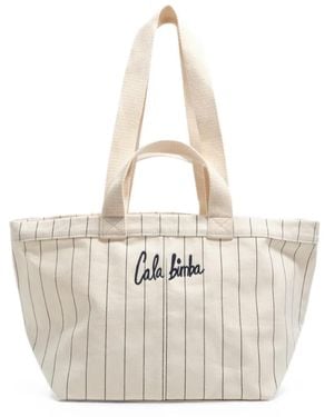 Bimba Y Lola Large Pinstripe Cotton Tote Bag - White