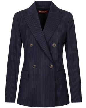 Max Mara Plain-Weave Wool Double-Breasted Jacket - Blue