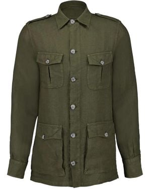 120% Lino Cargo-Pockets Linen Shirt - Green