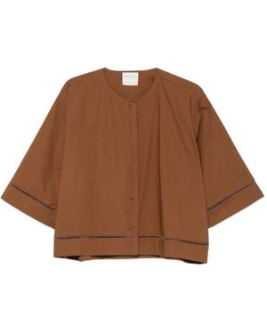 forte_forte Faggoting-Trim Wide-Sleeve Shirt - Brown