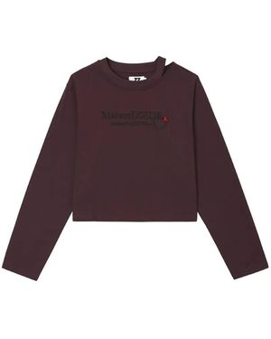 Izzue Logo-Embroidered Cut-Out Long-Sleeved Cropped T-Shirt - Purple