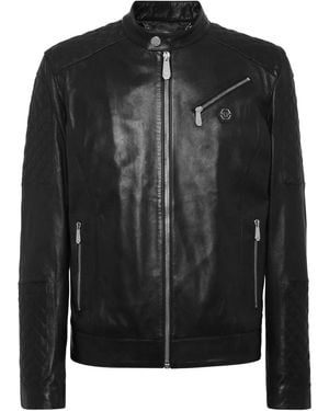 Philipp Plein Padded Leather Bomber Jacket - Black