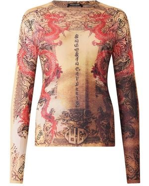 Roberto Cavalli Dragon-Motif Long-Sleeve Top - Pink