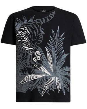 Etro Tiger-Tropical Print T-Shirt - Black