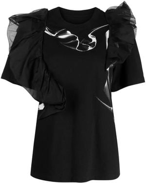 JNBY Ruffled Crew-Neck Cotton T-Shirt - Black