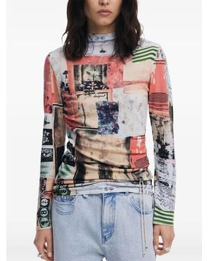 Desigual Patchwork-Print Mock-Neck Top - Pink