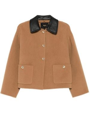 Maje Leather-Trimmed Patch-Pocket Jacket - Brown