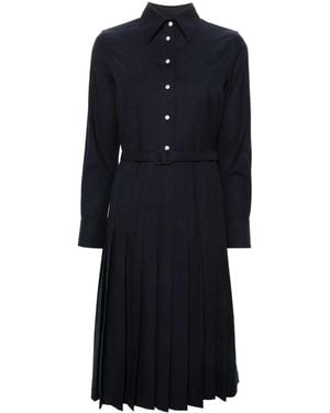 Thom Browne Pleated Flannel Midi Shirt Dress - Blue
