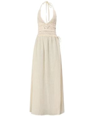 120% Lino Crochet-Knit Smocked Dress - White