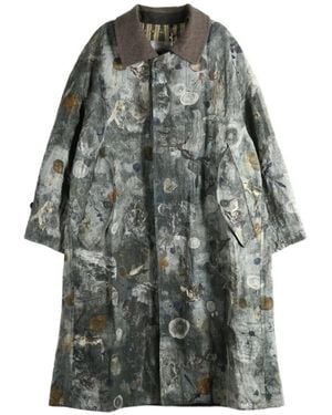 Ziggy Chen Abstract-Print Contrast-Collar Coat - Grey