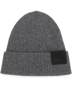 Tom Ford Logo-Patch Ribbed-Knit Beanie Hat - Gray