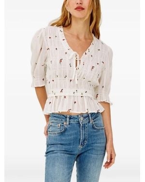 Rails Floral-Embroidered Smocked Blouse - White