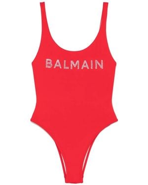 Balmain Maillot De Bain À Logo Appliqué - Rouge