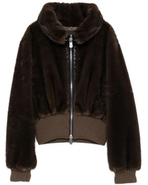 Pinko Cropped Jacket With Plush Faux Fur Texture - Black