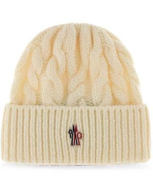 Moncler Cable-Knit Ribbed-Trim Beanie Hat - Natural