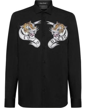 Philipp Plein Tiger-Print Embellished Shirt - Black