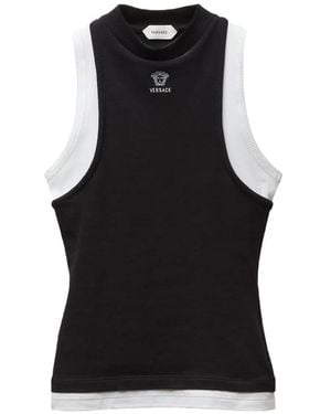 Versace Embroidered-Logo Stretch Cotton-Jersey Tank Top - Black
