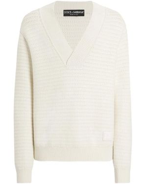 Dolce & Gabbana Wool V-Neck Jumper With Dg Embroidery - White
