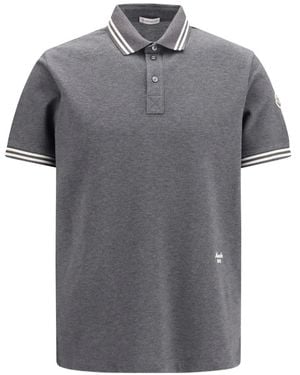 Moncler Stripe-Trim Logo-Patch Polo Shirt - Grey