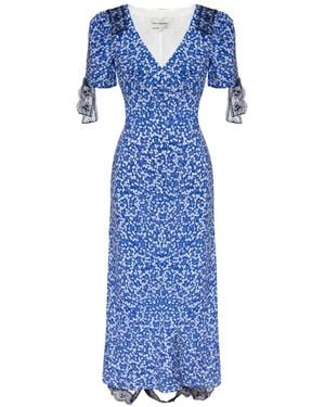 POST MERIDIEM Floral-Print Lace-Trim Midi Dress - Blue