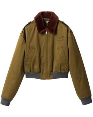 Miu Miu Shearling-Collar Logo Bomber Jacket - Green