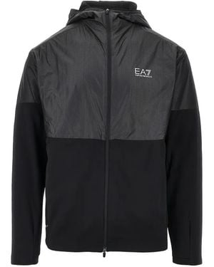 EA7 Logo-Print Paneled Hooded Jacket - Black