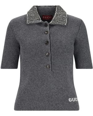 Gucci Ribbed Wool Polo Top - Grey