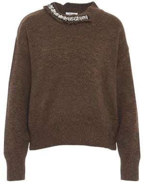 Liu Jo Embellished Frayed-Collar Sweater - Brown
