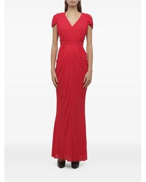 McQueen Ruched V-Neck Maxi Dress - Red