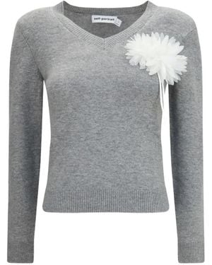 Self-Portrait Flower Wool Sweater - Grey