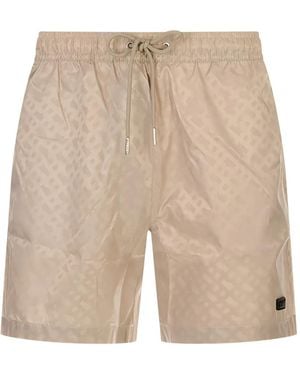 BOSS Monogram-Print Drawstring Swim Shorts - Natural