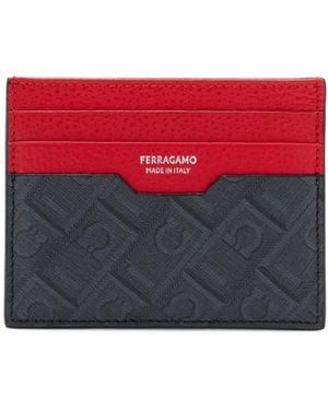 Ferragamo Monogram-Print Two-Tone Grained Leather Card Holder - Red