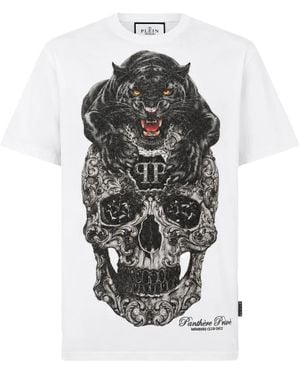 Philipp Plein Round-Neck T-Shirt Panther Skull Stones - White