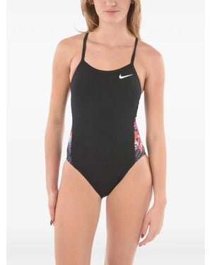 Nike Logo-Print Patterned-Panel Swimsuit - Black