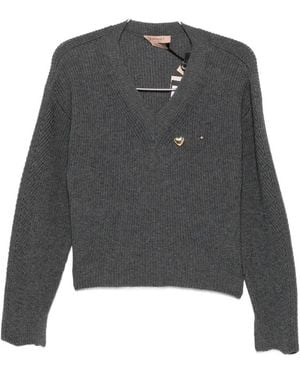 Twinset Ribbed-Knit V-Neck Sweater - Gray