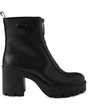 Prada Leather Ankle Boots With Zipper - Black