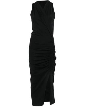 Nude Ruched-Side V-Neck Midi Dress - Black
