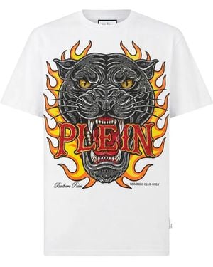 Philipp Plein Round-Neck T-Shirt Big-Panther Flames Stones - White