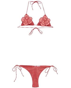 Oséree Bikini Con Aplique Floral Y Efecto De Purpurina - Rojo