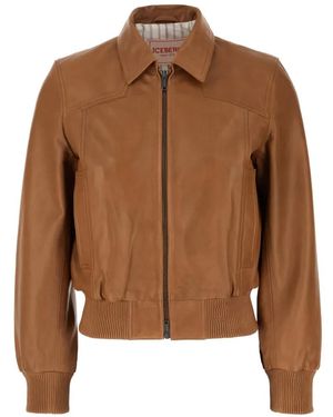 Iceberg Leather Bomber Jacket - Brown