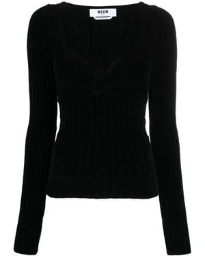 MSGM Twist-Front Ribbed Long-Sleeve Top - Black