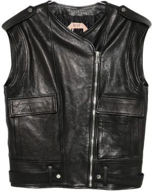 N°21 Biker-Style Leather Gilet - Black